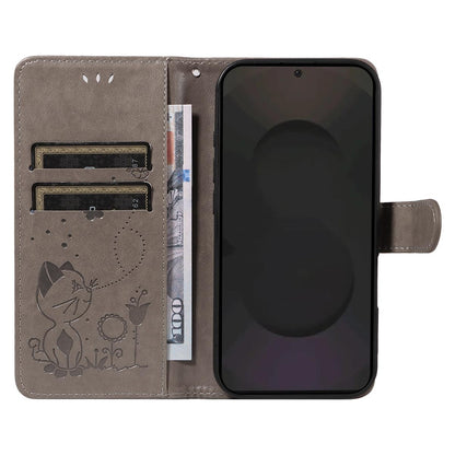 For Samsung Galaxy S25 FE 5G Cat and Bee Embossed Flip Leather Phone Case Wallet Cover with Card Slots Cash Pocket Magnetic Stand Protective Shockproof TPU PU Leather Case with Wrist Strap