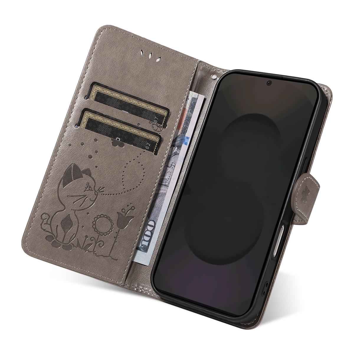 For Samsung Galaxy S25 FE 5G Cat and Bee Embossed Flip Leather Phone Case Wallet Cover with Card Slots Cash Pocket Magnetic Stand Protective Shockproof TPU PU Leather Case with Wrist Strap