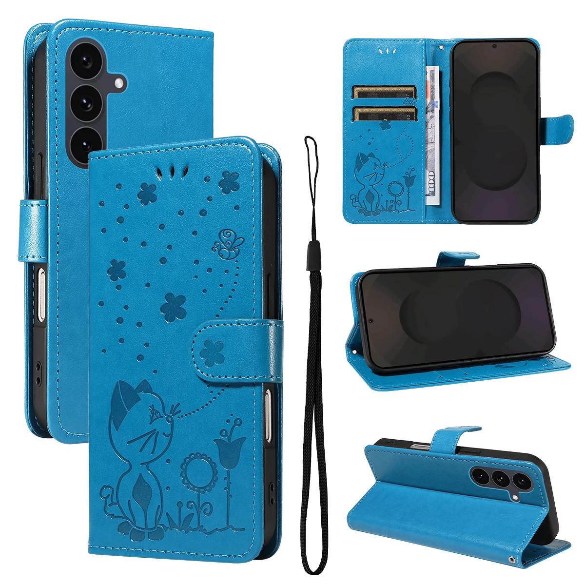 For Samsung Galaxy S25 FE 5G Cat and Bee Embossed Flip Leather Phone Case Wallet Cover with Card Slots Cash Pocket Magnetic Stand Protective Shockproof TPU PU Leather Case with Wrist Strap