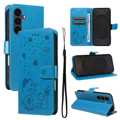 For Samsung Galaxy S25 FE 5G Cat and Bee Embossed Flip Leather Phone Case Wallet Cover with Card Slots Cash Pocket Magnetic Stand Protective Shockproof TPU PU Leather Case with Wrist Strap