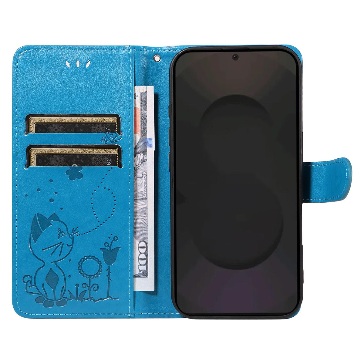 For Samsung Galaxy S25 FE 5G Cat and Bee Embossed Flip Leather Phone Case Wallet Cover with Card Slots Cash Pocket Magnetic Stand Protective Shockproof TPU PU Leather Case with Wrist Strap