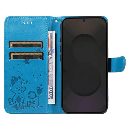 For Samsung Galaxy S25 FE 5G Cat and Bee Embossed Flip Leather Phone Case Wallet Cover with Card Slots Cash Pocket Magnetic Stand Protective Shockproof TPU PU Leather Case with Wrist Strap