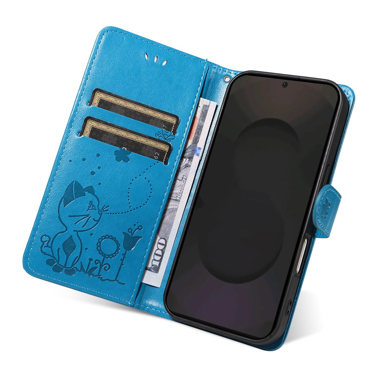For Samsung Galaxy S25 FE 5G Cat and Bee Embossed Flip Leather Phone Case Wallet Cover with Card Slots Cash Pocket Magnetic Stand Protective Shockproof TPU PU Leather Case with Wrist Strap