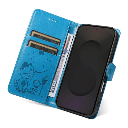 For Samsung Galaxy S25 FE 5G Cat and Bee Embossed Flip Leather Phone Case Wallet Cover with Card Slots Cash Pocket Magnetic Stand Protective Shockproof TPU PU Leather Case with Wrist Strap
