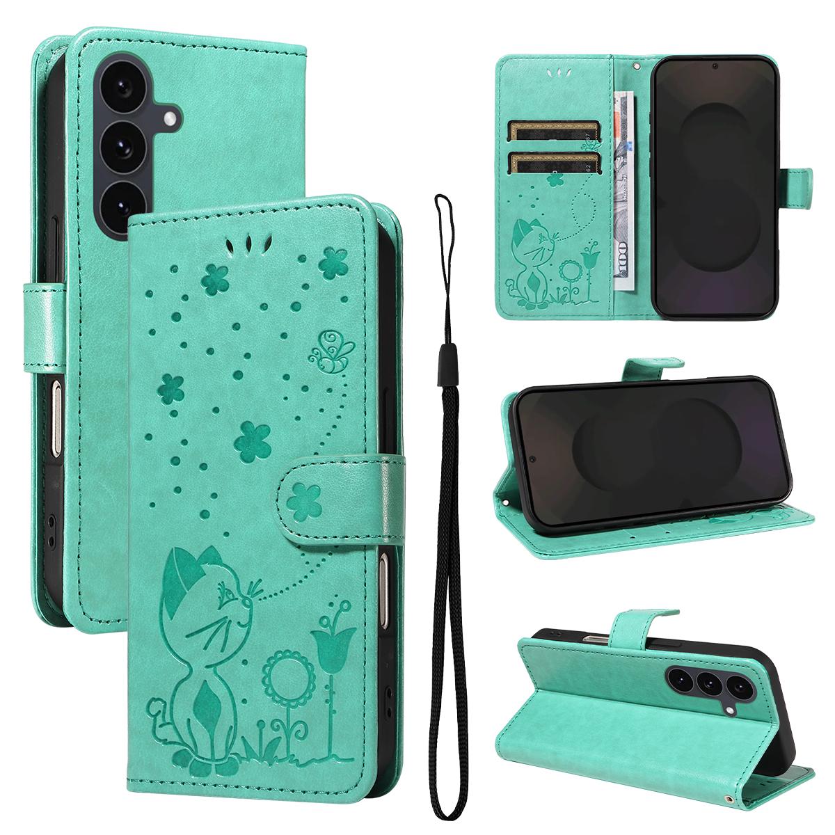 For Samsung Galaxy S25 FE 5G Cat and Bee Embossed Flip Leather Phone Case Wallet Cover with Card Slots Cash Pocket Magnetic Stand Protective Shockproof TPU PU Leather Case with Wrist Strap