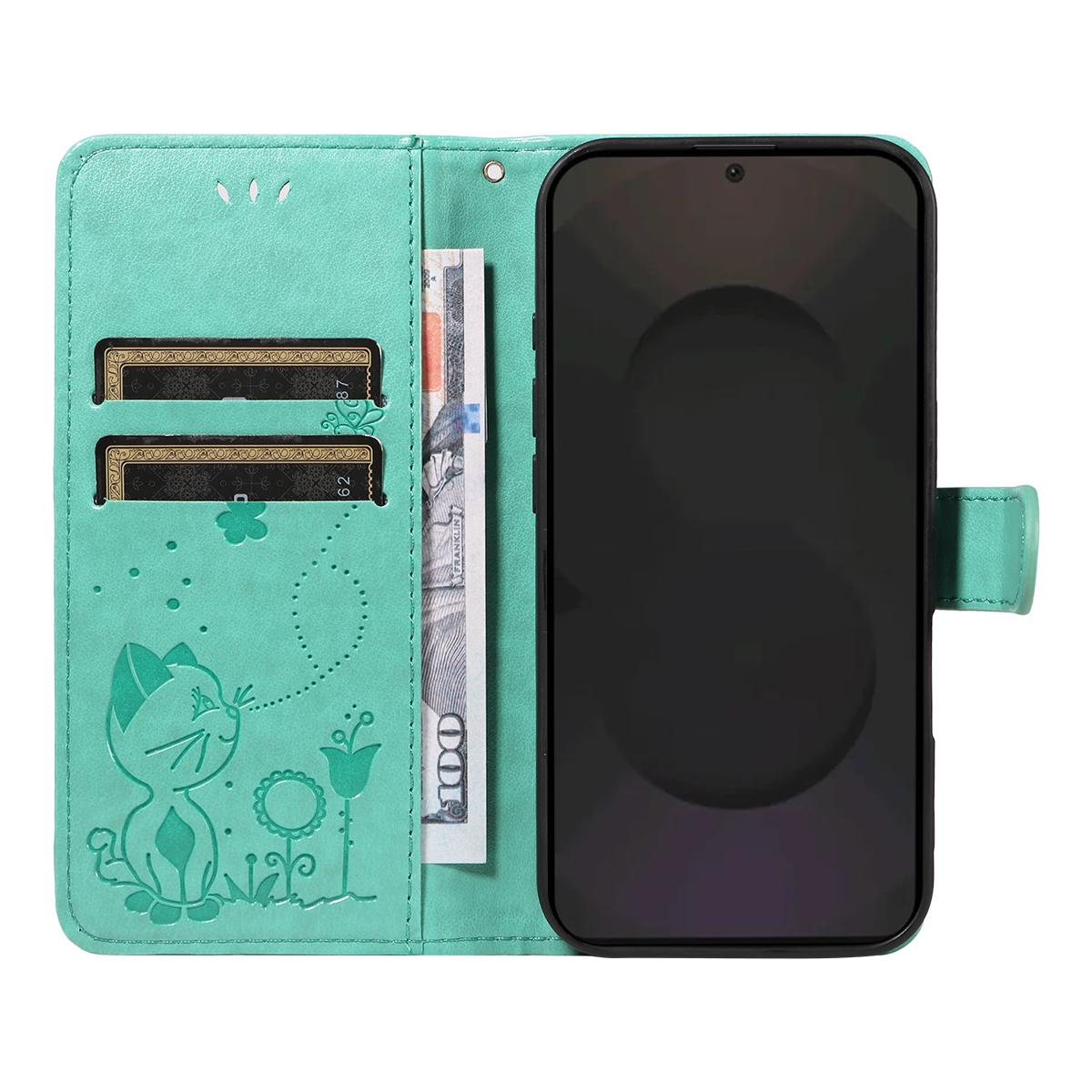 For Samsung Galaxy S25 FE 5G Cat and Bee Embossed Flip Leather Phone Case Wallet Cover with Card Slots Cash Pocket Magnetic Stand Protective Shockproof TPU PU Leather Case with Wrist Strap