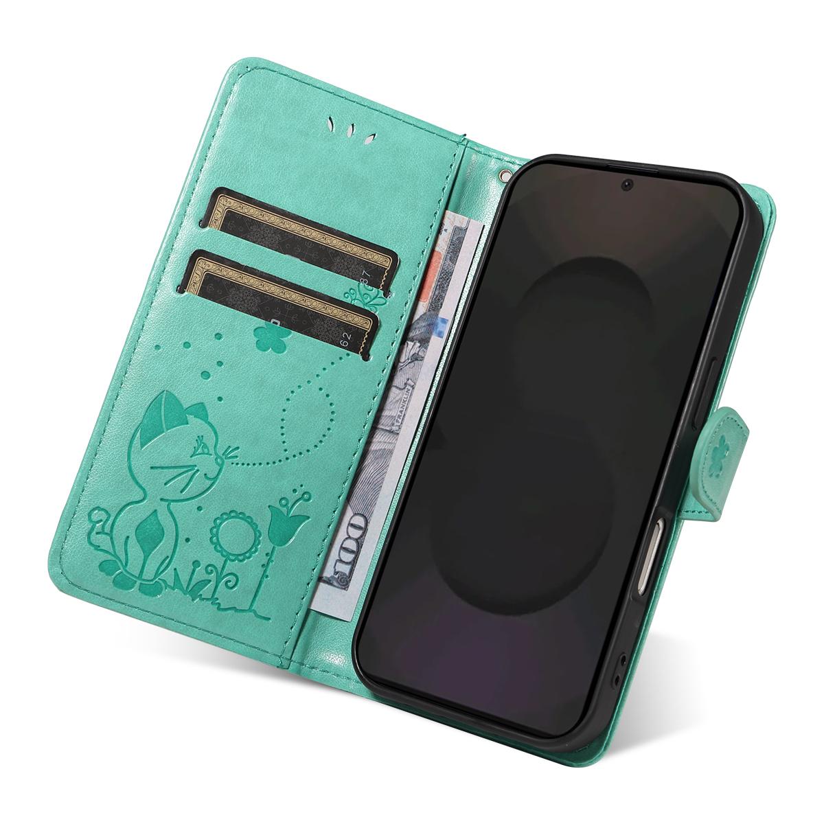 For Samsung Galaxy S25 FE 5G Cat and Bee Embossed Flip Leather Phone Case Wallet Cover with Card Slots Cash Pocket Magnetic Stand Protective Shockproof TPU PU Leather Case with Wrist Strap