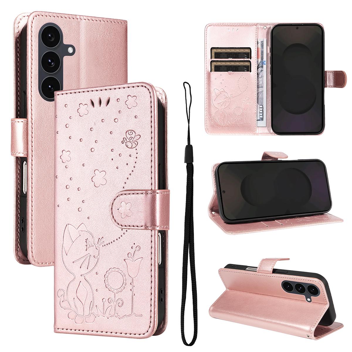 For Samsung Galaxy S25 FE 5G Cat and Bee Embossed Flip Leather Phone Case Wallet Cover with Card Slots Cash Pocket Magnetic Stand Protective Shockproof TPU PU Leather Case with Wrist Strap