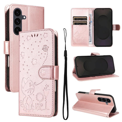 For Samsung Galaxy S25 FE 5G Cat and Bee Embossed Flip Leather Phone Case Wallet Cover with Card Slots Cash Pocket Magnetic Stand Protective Shockproof TPU PU Leather Case with Wrist Strap