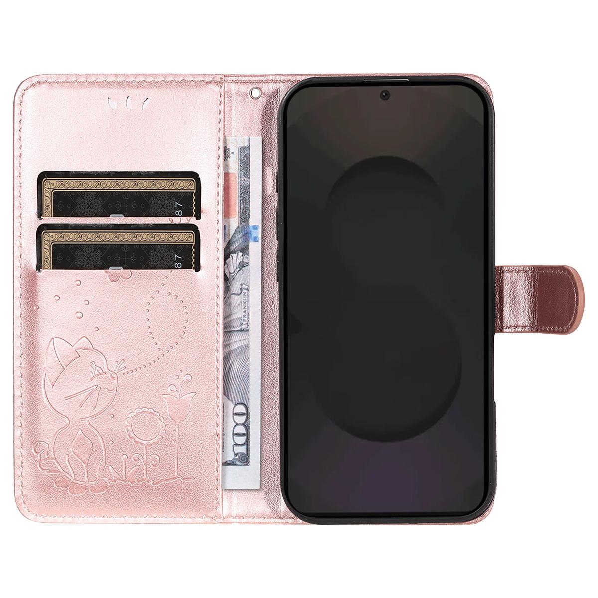 For Samsung Galaxy S25 FE 5G Cat and Bee Embossed Flip Leather Phone Case Wallet Cover with Card Slots Cash Pocket Magnetic Stand Protective Shockproof TPU PU Leather Case with Wrist Strap