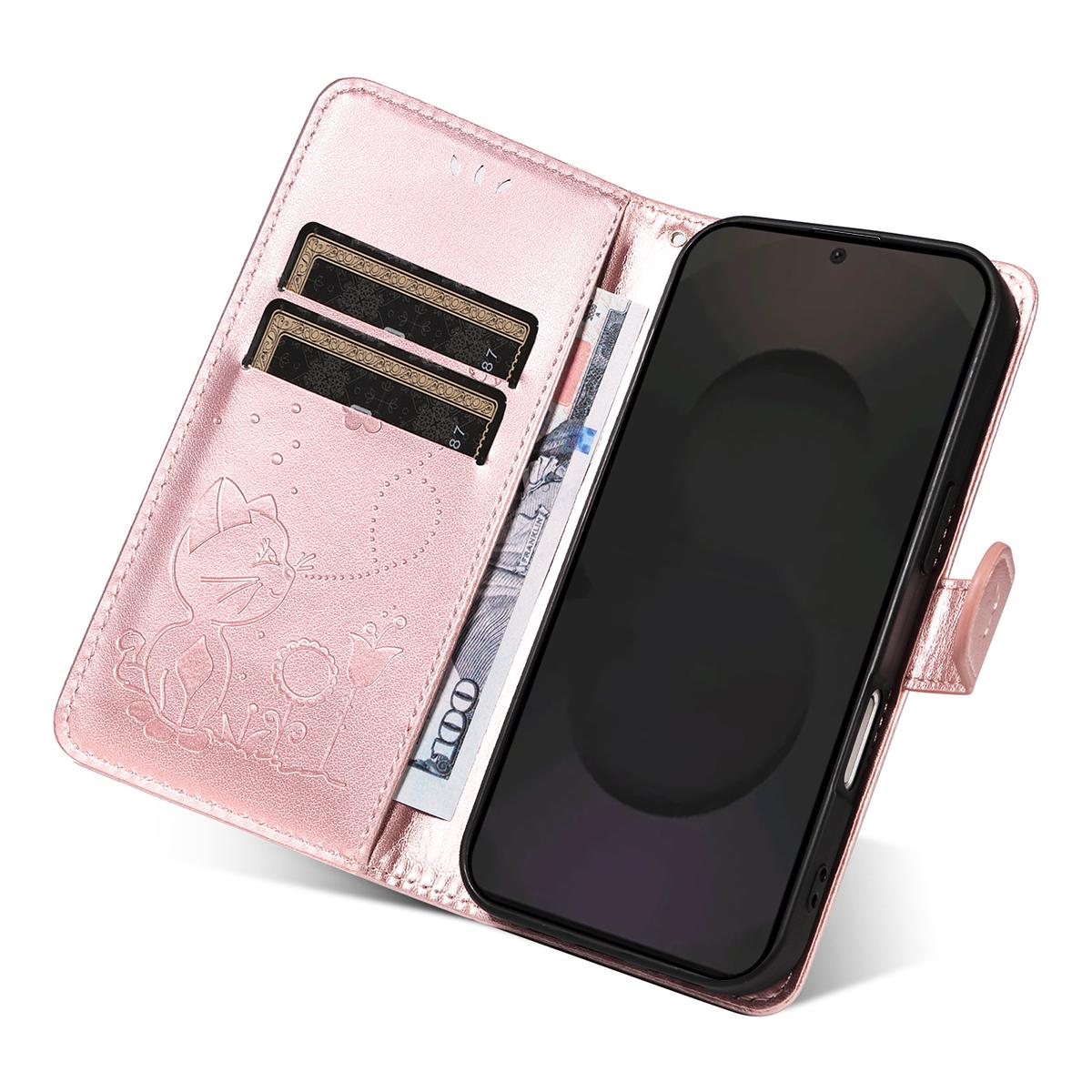 For Samsung Galaxy S25 FE 5G Cat and Bee Embossed Flip Leather Phone Case Wallet Cover with Card Slots Cash Pocket Magnetic Stand Protective Shockproof TPU PU Leather Case with Wrist Strap