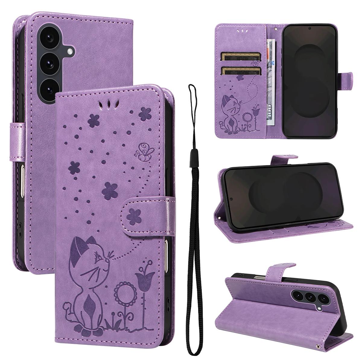 For Samsung Galaxy S25 FE 5G Cat and Bee Embossed Flip Leather Phone Case Wallet Cover with Card Slots Cash Pocket Magnetic Stand Protective Shockproof TPU PU Leather Case with Wrist Strap