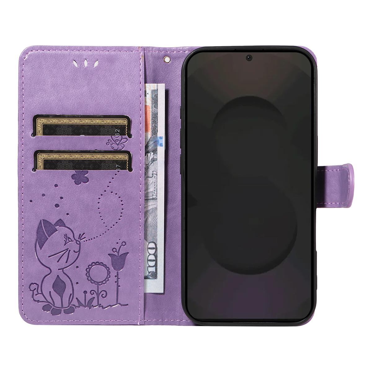For Samsung Galaxy S25 FE 5G Cat and Bee Embossed Flip Leather Phone Case Wallet Cover with Card Slots Cash Pocket Magnetic Stand Protective Shockproof TPU PU Leather Case with Wrist Strap