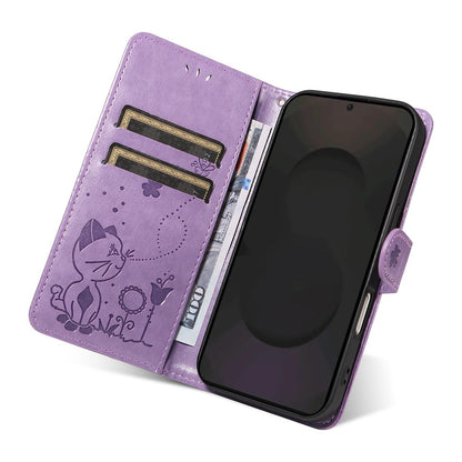For Samsung Galaxy S25 FE 5G Cat and Bee Embossed Flip Leather Phone Case Wallet Cover with Card Slots Cash Pocket Magnetic Stand Protective Shockproof TPU PU Leather Case with Wrist Strap