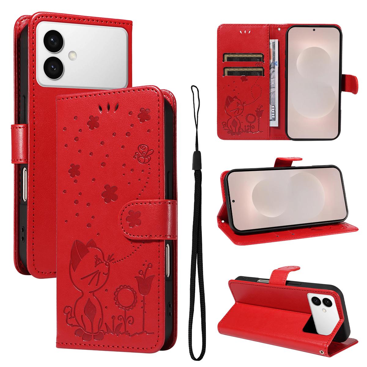 For Samsung Galaxy S26 Edge 5G Cat and Bee Embossed Flip Leather Phone Case Wallet Cover with Card Slots Cash Pocket Magnetic Stand Protective Shockproof TPU PU Leather Case with Wrist Strap