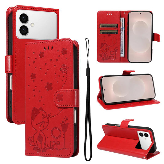 For Samsung Galaxy S26 Edge 5G Cat and Bee Embossed Flip Leather Phone Case Wallet Cover with Card Slots Cash Pocket Magnetic Stand Protective Shockproof TPU PU Leather Case with Wrist Strap