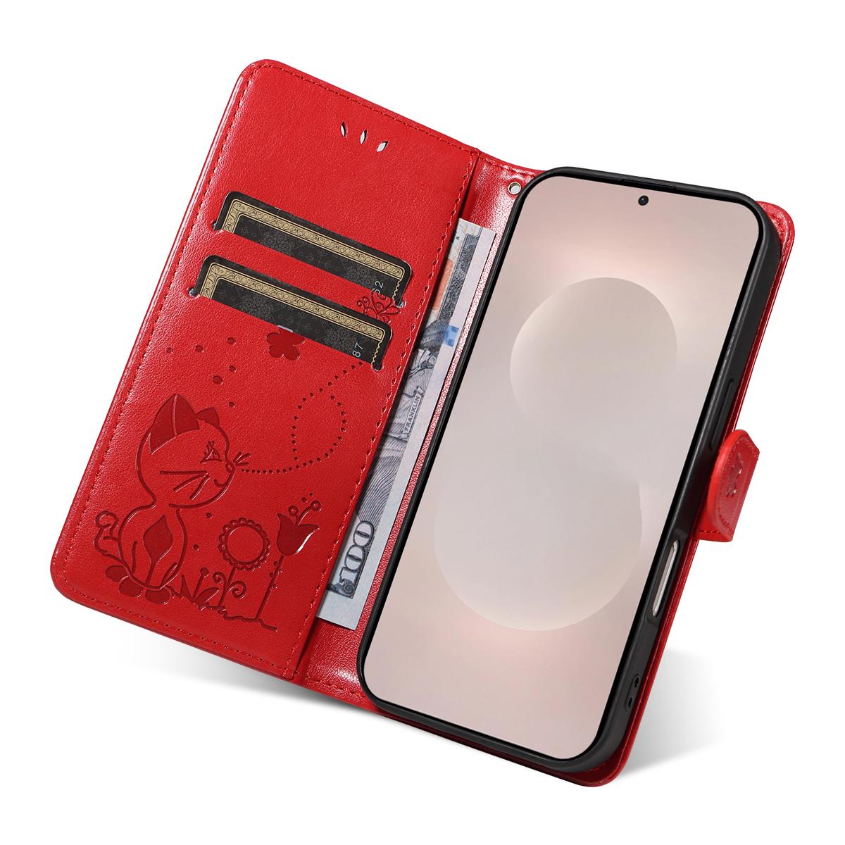 For Samsung Galaxy S26 Edge 5G Cat and Bee Embossed Flip Leather Phone Case Wallet Cover with Card Slots Cash Pocket Magnetic Stand Protective Shockproof TPU PU Leather Case with Wrist Strap