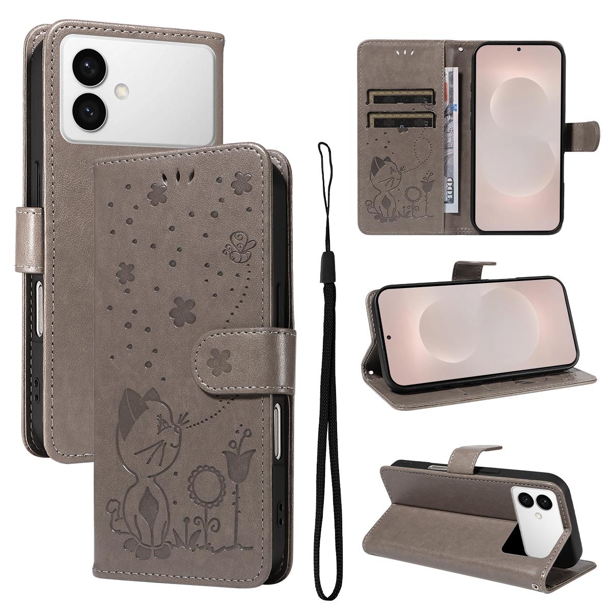 For Samsung Galaxy S26 Edge 5G Cat and Bee Embossed Flip Leather Phone Case Wallet Cover with Card Slots Cash Pocket Magnetic Stand Protective Shockproof TPU PU Leather Case with Wrist Strap