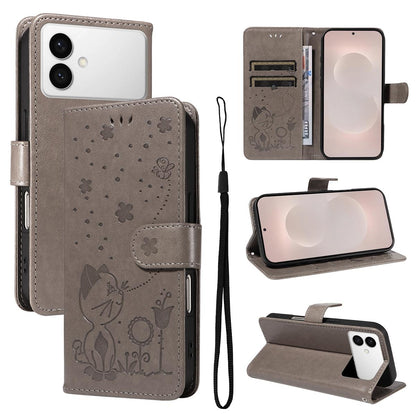For Samsung Galaxy S26 Edge 5G Cat and Bee Embossed Flip Leather Phone Case Wallet Cover with Card Slots Cash Pocket Magnetic Stand Protective Shockproof TPU PU Leather Case with Wrist Strap