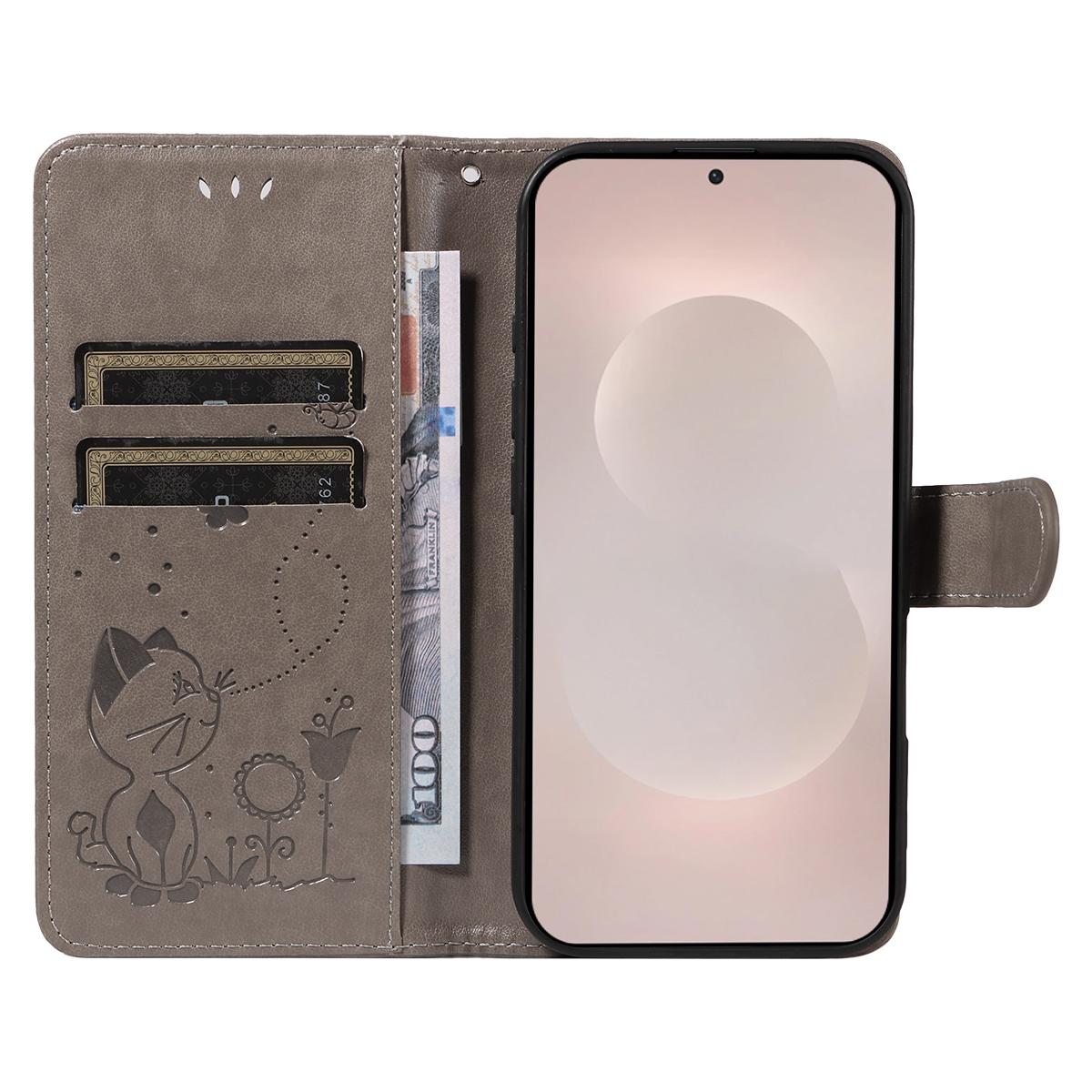For Samsung Galaxy S26 Edge 5G Cat and Bee Embossed Flip Leather Phone Case Wallet Cover with Card Slots Cash Pocket Magnetic Stand Protective Shockproof TPU PU Leather Case with Wrist Strap
