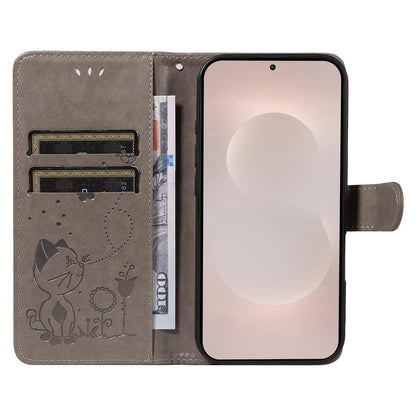 For Samsung Galaxy S26 Edge 5G Cat and Bee Embossed Flip Leather Phone Case Wallet Cover with Card Slots Cash Pocket Magnetic Stand Protective Shockproof TPU PU Leather Case with Wrist Strap