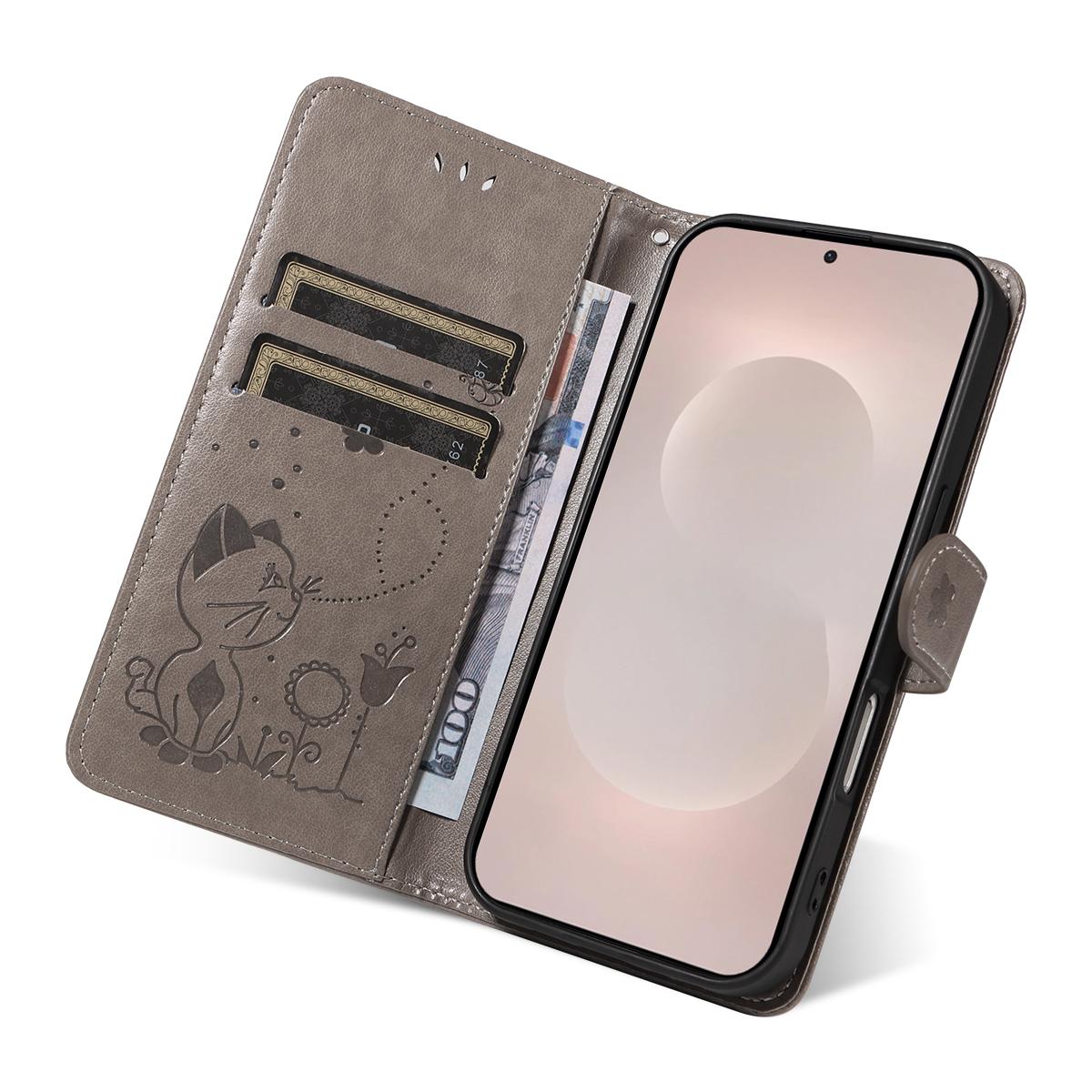 For Samsung Galaxy S26 Edge 5G Cat and Bee Embossed Flip Leather Phone Case Wallet Cover with Card Slots Cash Pocket Magnetic Stand Protective Shockproof TPU PU Leather Case with Wrist Strap