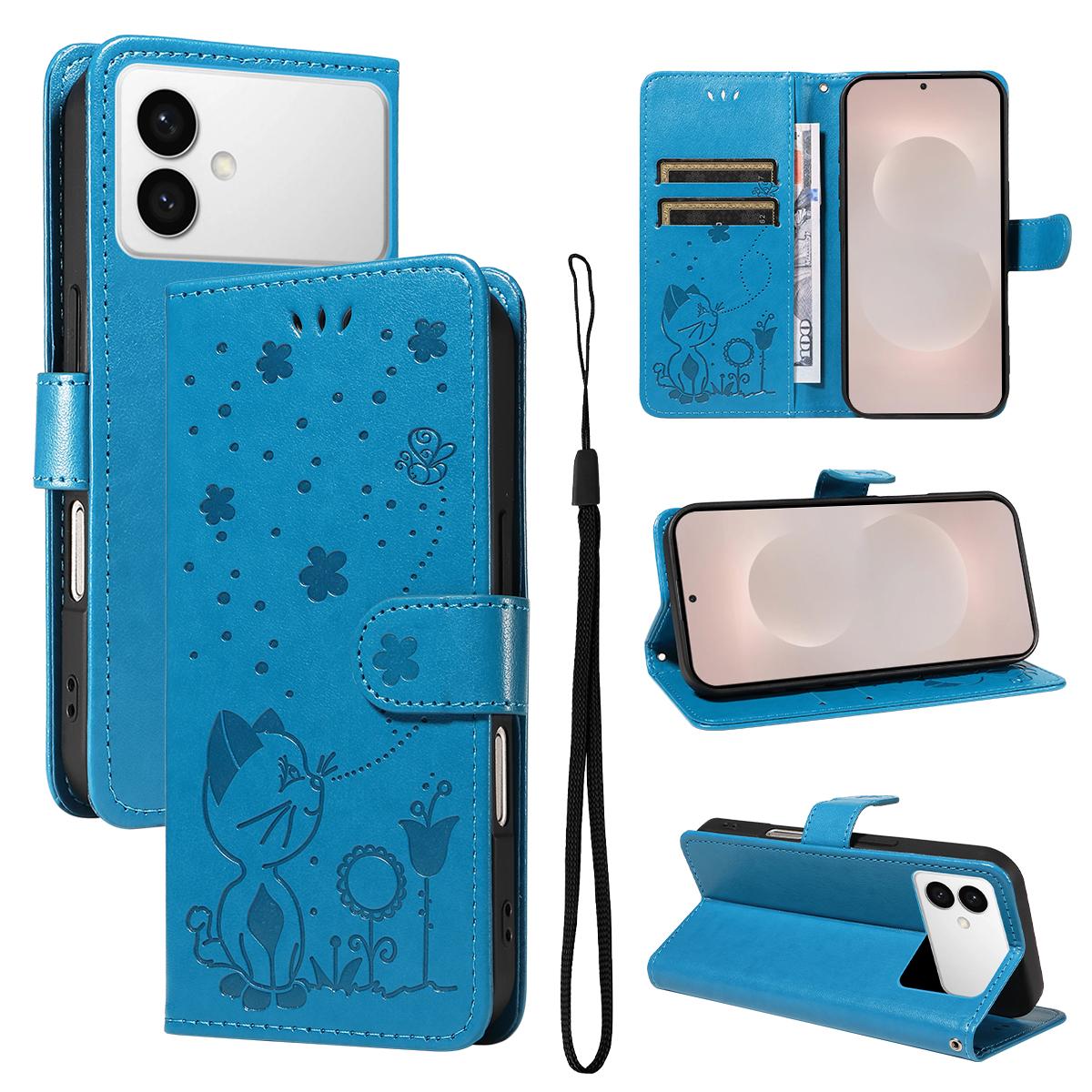 For Samsung Galaxy S26 Edge 5G Cat and Bee Embossed Flip Leather Phone Case Wallet Cover with Card Slots Cash Pocket Magnetic Stand Protective Shockproof TPU PU Leather Case with Wrist Strap