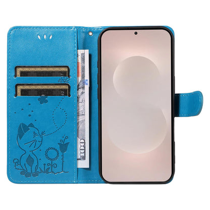 For Samsung Galaxy S26 Edge 5G Cat and Bee Embossed Flip Leather Phone Case Wallet Cover with Card Slots Cash Pocket Magnetic Stand Protective Shockproof TPU PU Leather Case with Wrist Strap