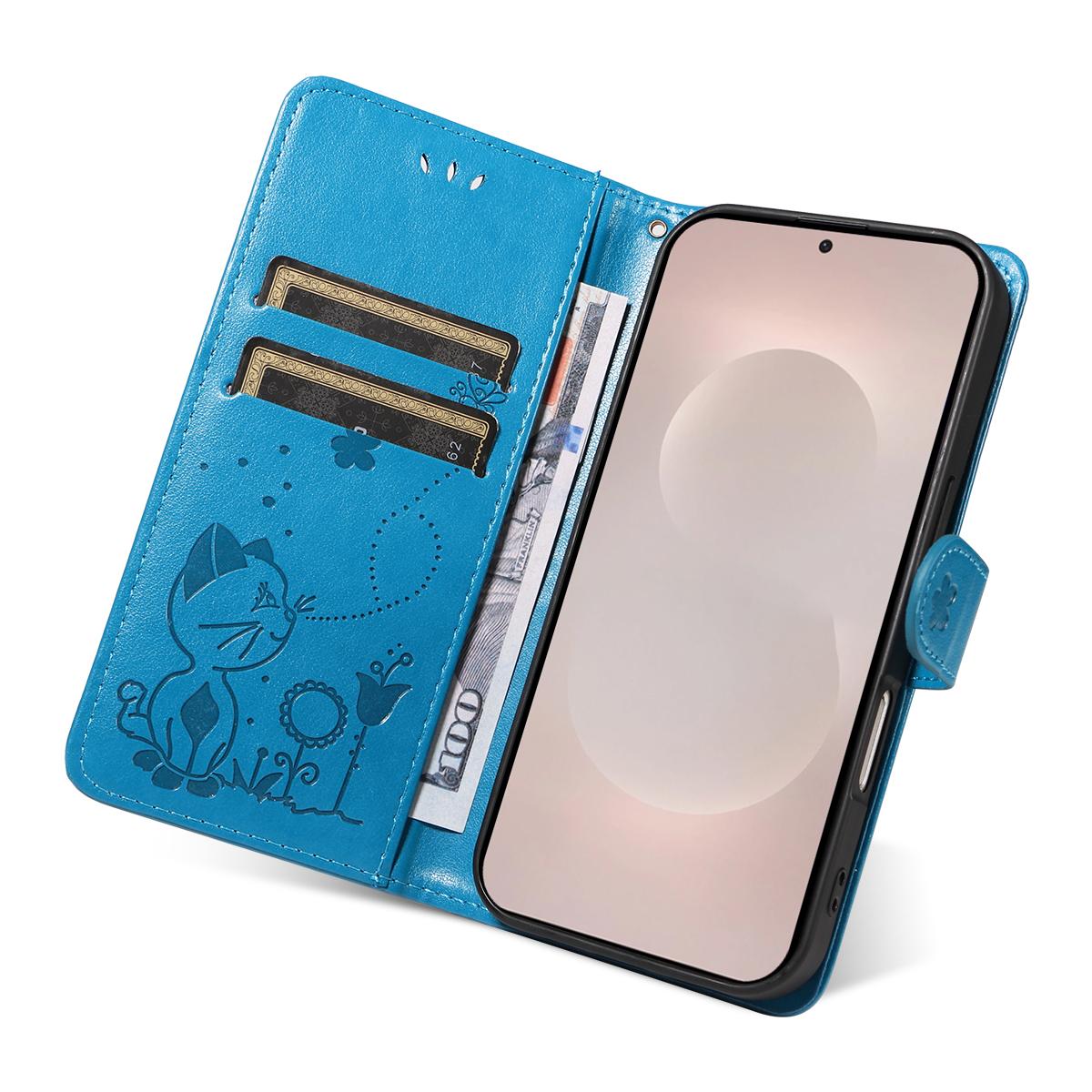 For Samsung Galaxy S26 Edge 5G Cat and Bee Embossed Flip Leather Phone Case Wallet Cover with Card Slots Cash Pocket Magnetic Stand Protective Shockproof TPU PU Leather Case with Wrist Strap