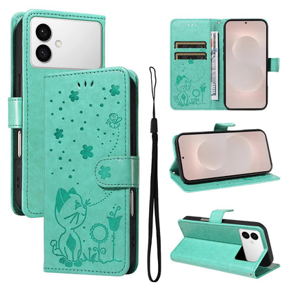 For Samsung Galaxy S26 Edge 5G Cat and Bee Embossed Flip Leather Phone Case Wallet Cover with Card Slots Cash Pocket Magnetic Stand Protective Shockproof TPU PU Leather Case with Wrist Strap