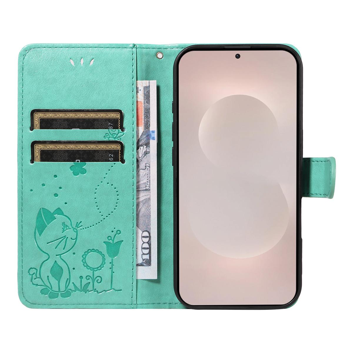 For Samsung Galaxy S26 Edge 5G Cat and Bee Embossed Flip Leather Phone Case Wallet Cover with Card Slots Cash Pocket Magnetic Stand Protective Shockproof TPU PU Leather Case with Wrist Strap