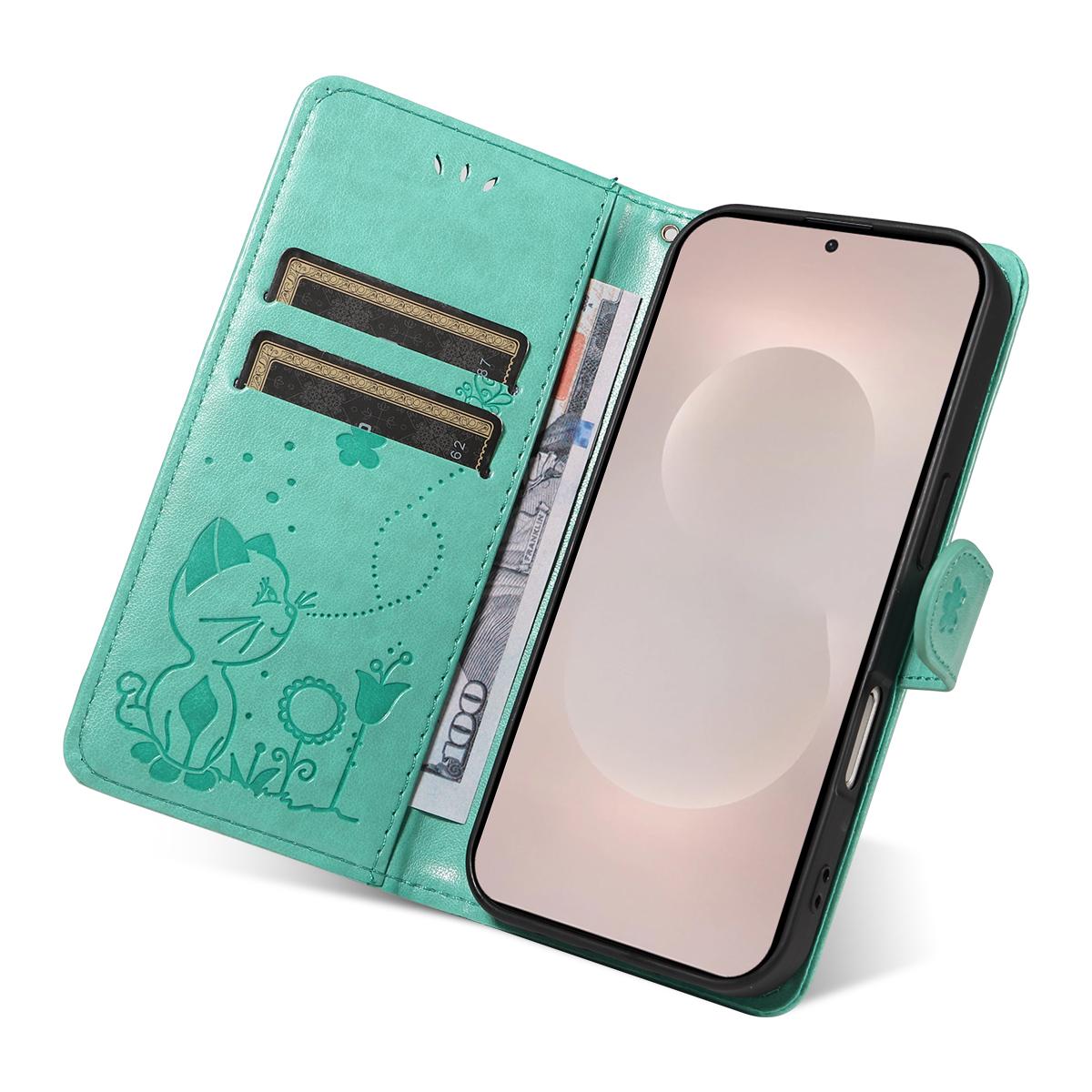 For Samsung Galaxy S26 Edge 5G Cat and Bee Embossed Flip Leather Phone Case Wallet Cover with Card Slots Cash Pocket Magnetic Stand Protective Shockproof TPU PU Leather Case with Wrist Strap