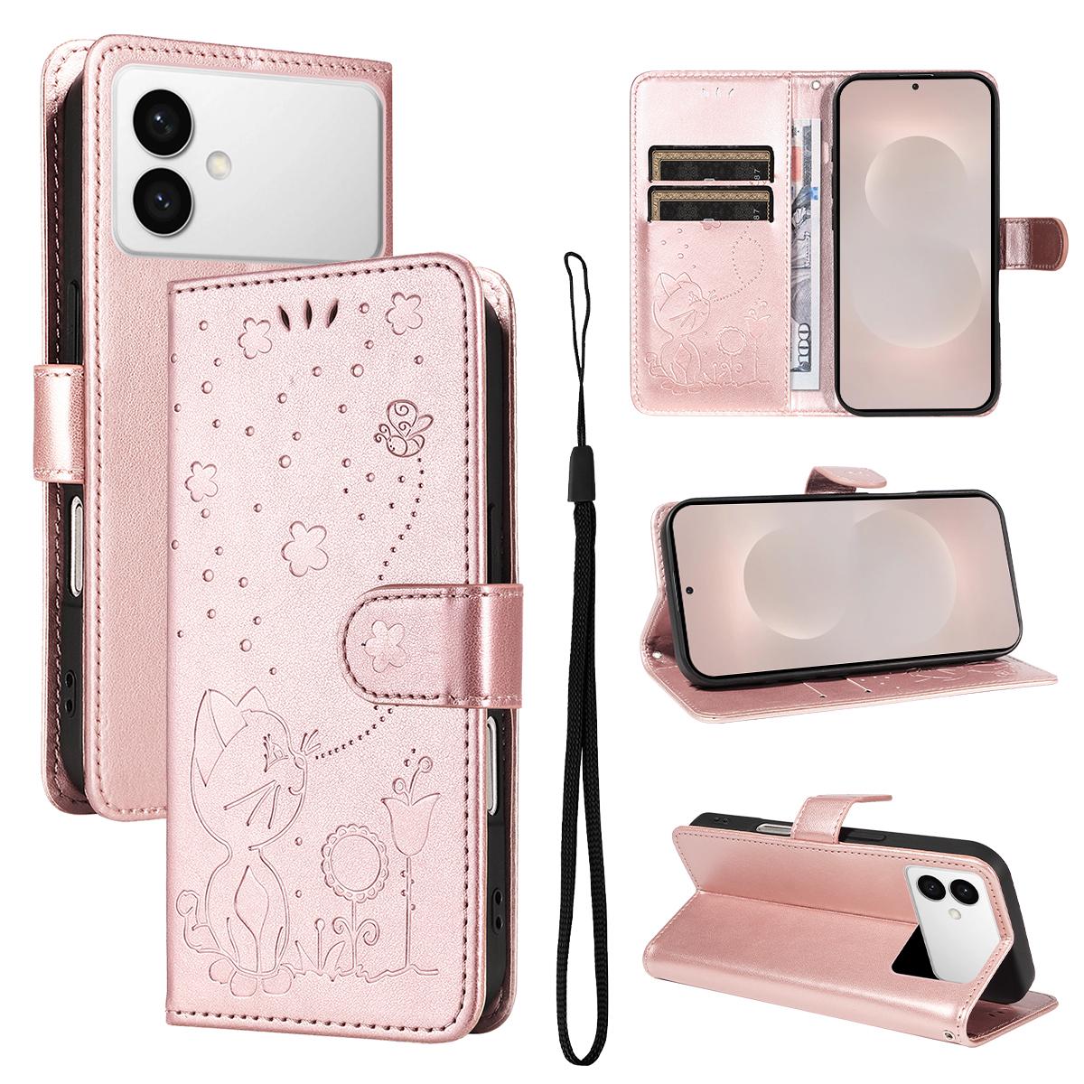 For Samsung Galaxy S26 Edge 5G Cat and Bee Embossed Flip Leather Phone Case Wallet Cover with Card Slots Cash Pocket Magnetic Stand Protective Shockproof TPU PU Leather Case with Wrist Strap