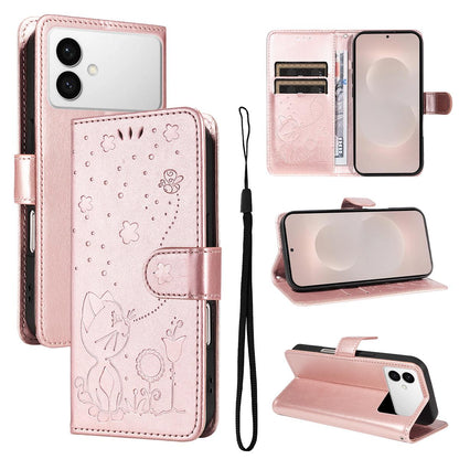 For Samsung Galaxy S26 Edge 5G Cat and Bee Embossed Flip Leather Phone Case Wallet Cover with Card Slots Cash Pocket Magnetic Stand Protective Shockproof TPU PU Leather Case with Wrist Strap