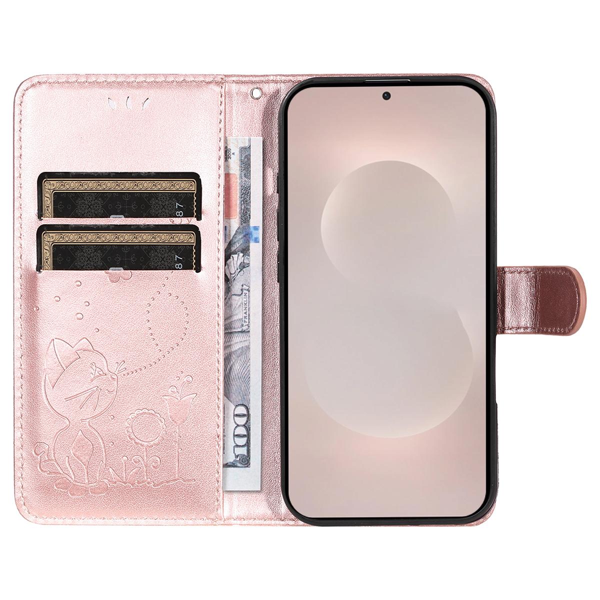 For Samsung Galaxy S26 Edge 5G Cat and Bee Embossed Flip Leather Phone Case Wallet Cover with Card Slots Cash Pocket Magnetic Stand Protective Shockproof TPU PU Leather Case with Wrist Strap