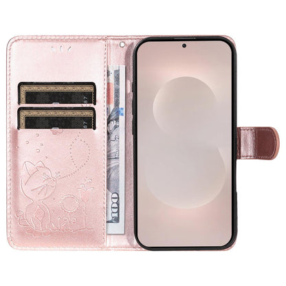 For Samsung Galaxy S26 Edge 5G Cat and Bee Embossed Flip Leather Phone Case Wallet Cover with Card Slots Cash Pocket Magnetic Stand Protective Shockproof TPU PU Leather Case with Wrist Strap