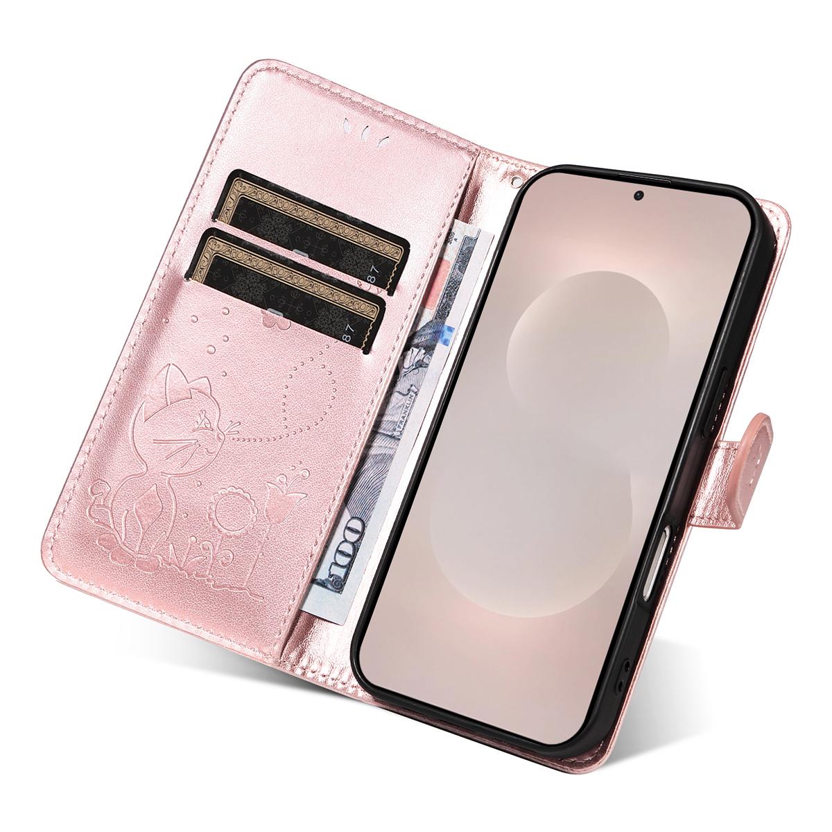 For Samsung Galaxy S26 Edge 5G Cat and Bee Embossed Flip Leather Phone Case Wallet Cover with Card Slots Cash Pocket Magnetic Stand Protective Shockproof TPU PU Leather Case with Wrist Strap