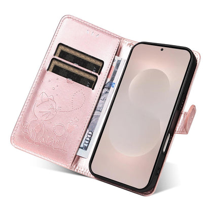 For Samsung Galaxy S26 Edge 5G Cat and Bee Embossed Flip Leather Phone Case Wallet Cover with Card Slots Cash Pocket Magnetic Stand Protective Shockproof TPU PU Leather Case with Wrist Strap