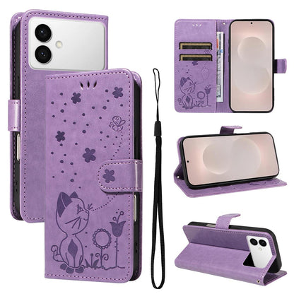 For Samsung Galaxy S26 Edge 5G Cat and Bee Embossed Flip Leather Phone Case Wallet Cover with Card Slots Cash Pocket Magnetic Stand Protective Shockproof TPU PU Leather Case with Wrist Strap