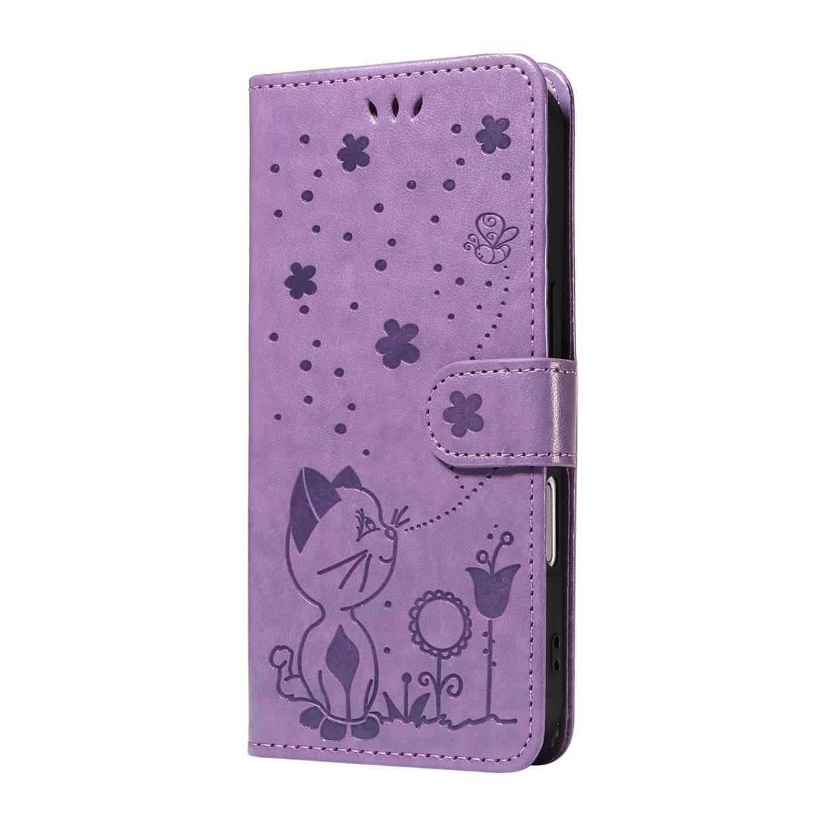 For Samsung Galaxy S26 Edge 5G Cat and Bee Embossed Flip Leather Phone Case Wallet Cover with Card Slots Cash Pocket Magnetic Stand Protective Shockproof TPU PU Leather Case with Wrist Strap