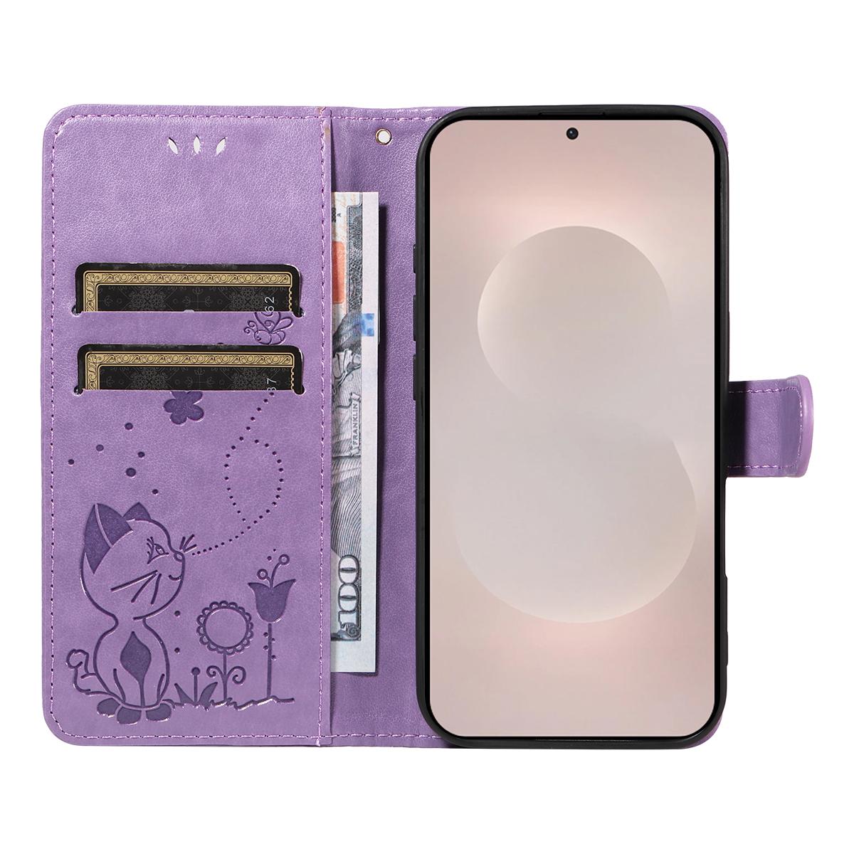 For Samsung Galaxy S26 Edge 5G Cat and Bee Embossed Flip Leather Phone Case Wallet Cover with Card Slots Cash Pocket Magnetic Stand Protective Shockproof TPU PU Leather Case with Wrist Strap