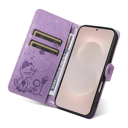 For Samsung Galaxy S26 Edge 5G Cat and Bee Embossed Flip Leather Phone Case Wallet Cover with Card Slots Cash Pocket Magnetic Stand Protective Shockproof TPU PU Leather Case with Wrist Strap