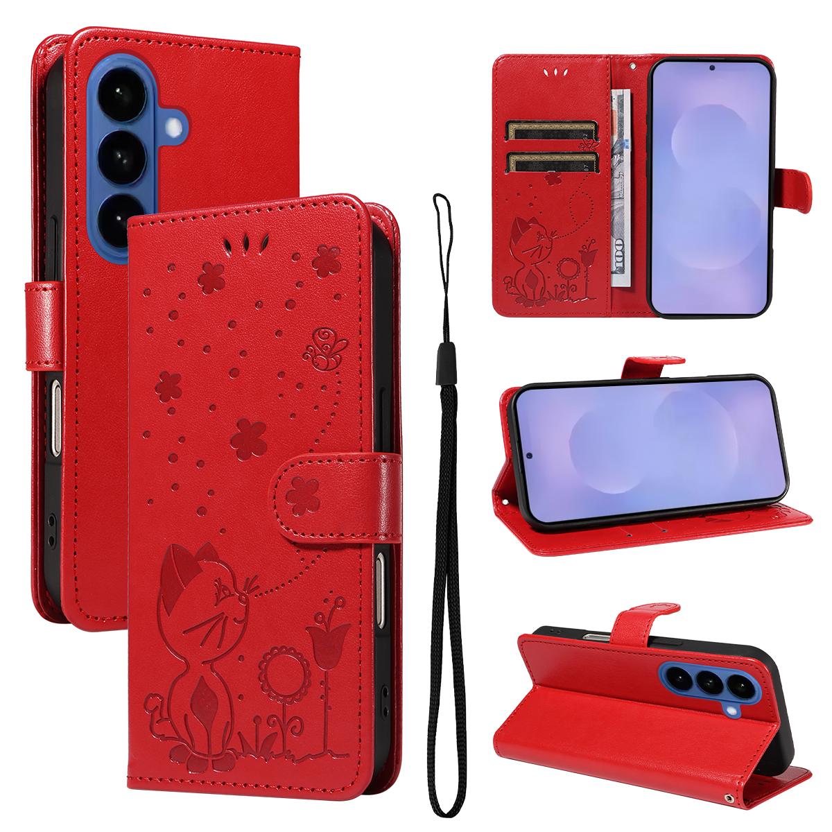 For Samsung Galaxy S26 5G Cat and Bee Embossed Flip Leather Phone Case Wallet Cover with Card Slots Cash Pocket Magnetic Stand Protective Shockproof TPU PU Leather Case with Wrist Strap