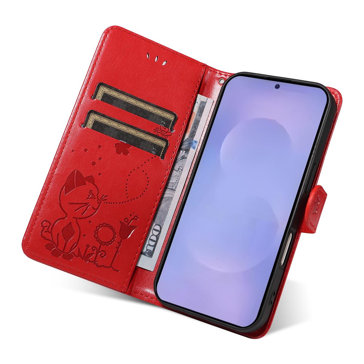 For Samsung Galaxy S26 5G Cat and Bee Embossed Flip Leather Phone Case Wallet Cover with Card Slots Cash Pocket Magnetic Stand Protective Shockproof TPU PU Leather Case with Wrist Strap