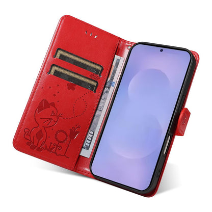 For Samsung Galaxy S26 5G Cat and Bee Embossed Flip Leather Phone Case Wallet Cover with Card Slots Cash Pocket Magnetic Stand Protective Shockproof TPU PU Leather Case with Wrist Strap