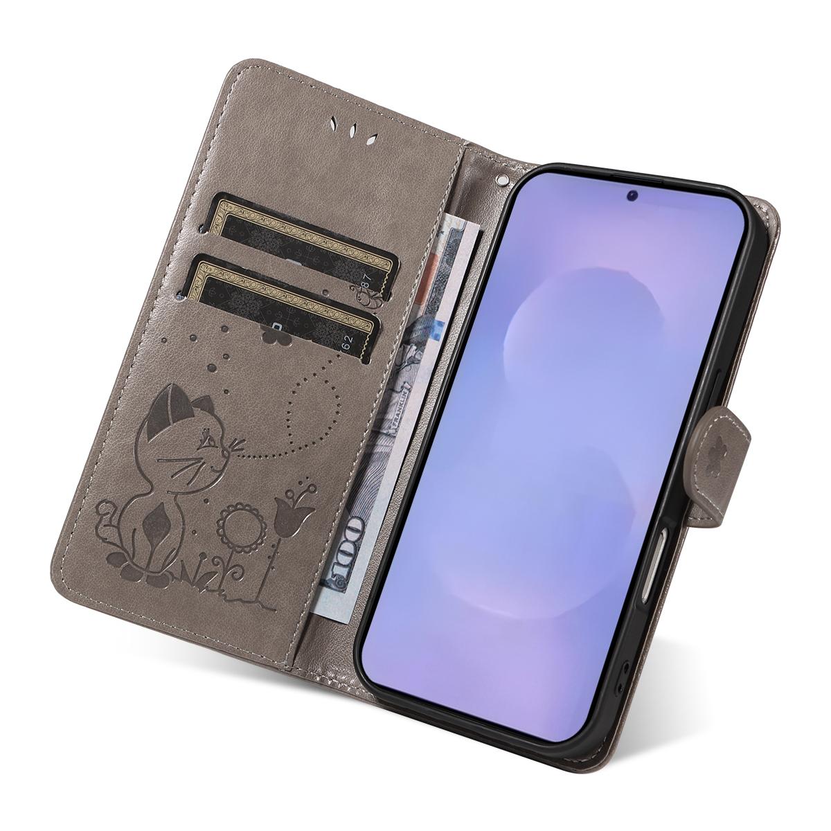 For Samsung Galaxy S26 5G Cat and Bee Embossed Flip Leather Phone Case Wallet Cover with Card Slots Cash Pocket Magnetic Stand Protective Shockproof TPU PU Leather Case with Wrist Strap
