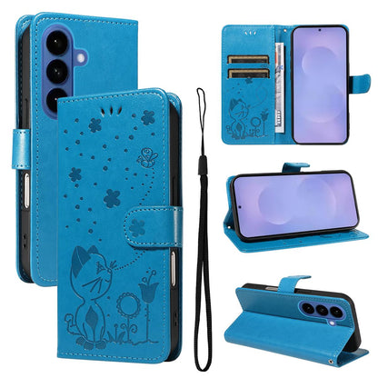 For Samsung Galaxy S26 5G Cat and Bee Embossed Flip Leather Phone Case Wallet Cover with Card Slots Cash Pocket Magnetic Stand Protective Shockproof TPU PU Leather Case with Wrist Strap