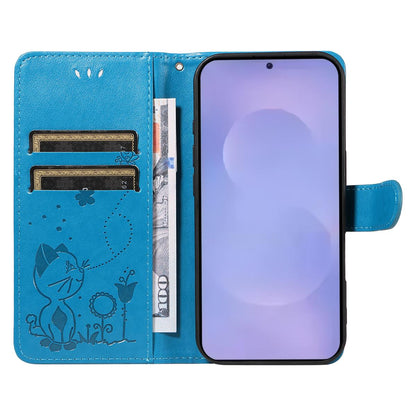 For Samsung Galaxy S26 5G Cat and Bee Embossed Flip Leather Phone Case Wallet Cover with Card Slots Cash Pocket Magnetic Stand Protective Shockproof TPU PU Leather Case with Wrist Strap