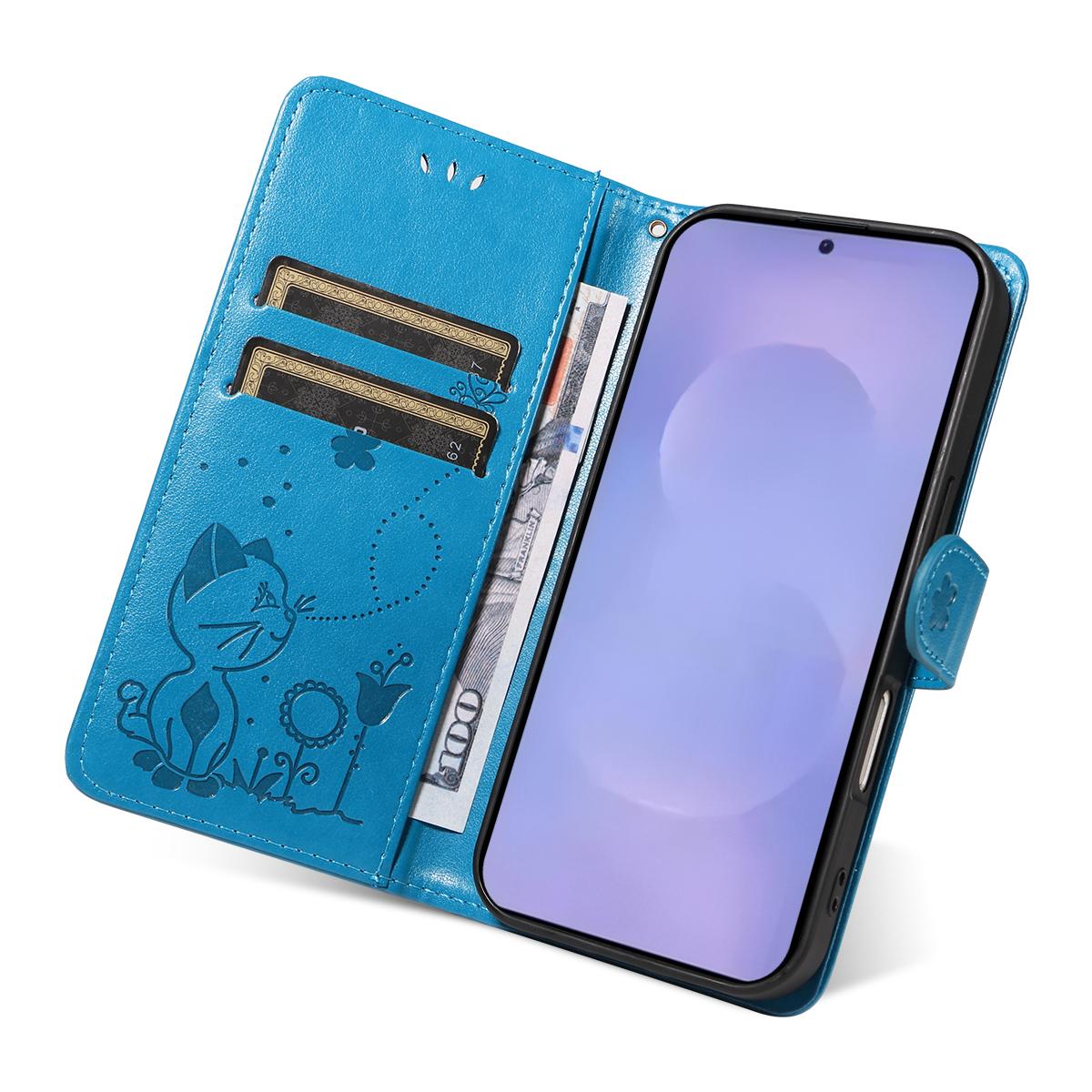 For Samsung Galaxy S26 5G Cat and Bee Embossed Flip Leather Phone Case Wallet Cover with Card Slots Cash Pocket Magnetic Stand Protective Shockproof TPU PU Leather Case with Wrist Strap