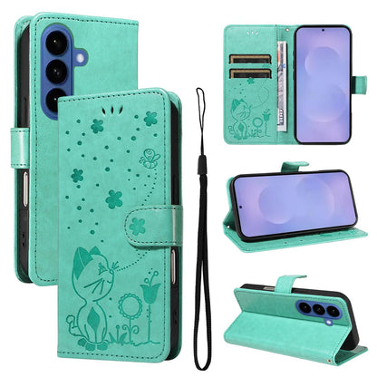 For Samsung Galaxy S26 5G Cat and Bee Embossed Flip Leather Phone Case Wallet Cover with Card Slots Cash Pocket Magnetic Stand Protective Shockproof TPU PU Leather Case with Wrist Strap